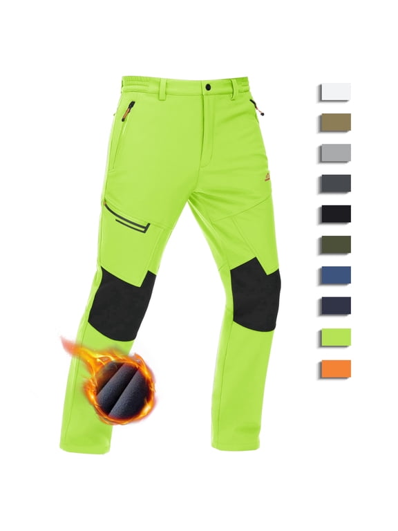 Men's Fleece Lined Ski Snow Pants Water Resistant Winter Outdoor Pants with 4 Zip PocketsFluorescent Green 36
