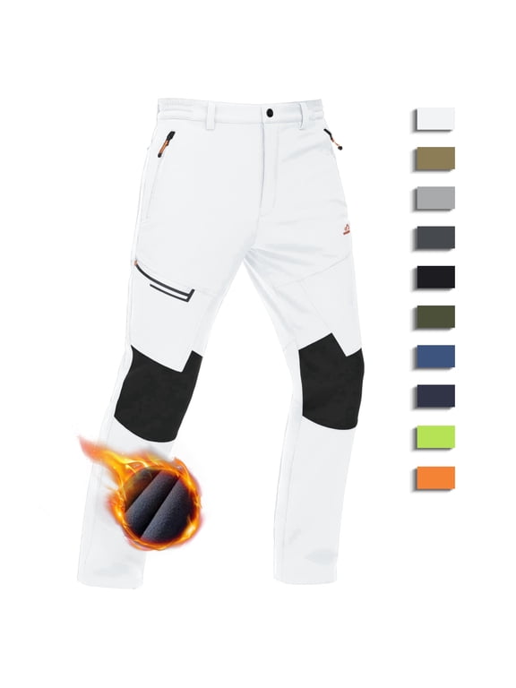 Men's Fleece Lined Ski Snow Pants Water Resistant Winter Outdoor Pants with 4 Zip PocketsWhite 34