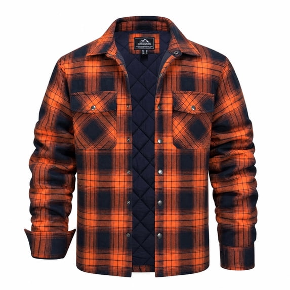 YUCOLEN Men's Heavyweight Quilted Lined Shirts Winter Warm Plaid Flannel Jacket Casual Fashion Coat Orange L
