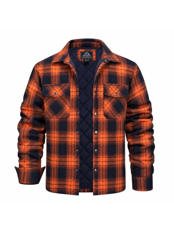 Men's Heavyweight Quilted Lined Shirts Winter Warm Plaid Flannel Jacket Casual Fashion Coat Orange L