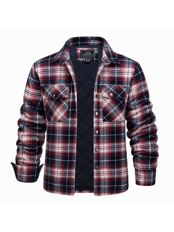 Men's Heavyweight Quilted Lined Shirts Winter Warm Plaid Flannel Jacket Casual Fashion Coat Red XL