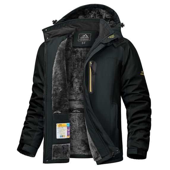 YUCOLEN Men's Winter Heavyweight Snow Ski Jacket Waterproof Warm Fleece Lining Rain Coats Windproof Parka with Hooded Gray Black L