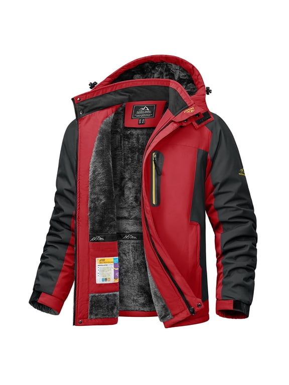 Men's Winter Heavyweight Snow Ski Jacket Waterproof Warm Fleece Lining Rain Coats Windproof Parka with Hooded Red L