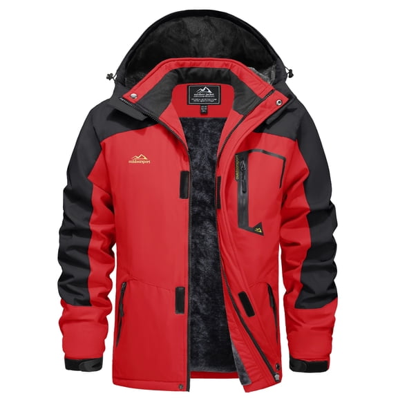 YUCOLEN Men's Winter Ski Snow Jacket Waterproof Warm Fleece Lined Windproof Outdoor Raincoats With Hood Multi-Pockets Red M