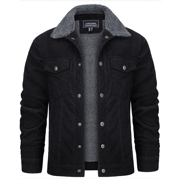 YUCOLEN Men's Winter Thick Corduroy Jacket Warm Sherpa Lined Trucker Casual Cargo Work Fleece Coat with 5 Pockets Black L