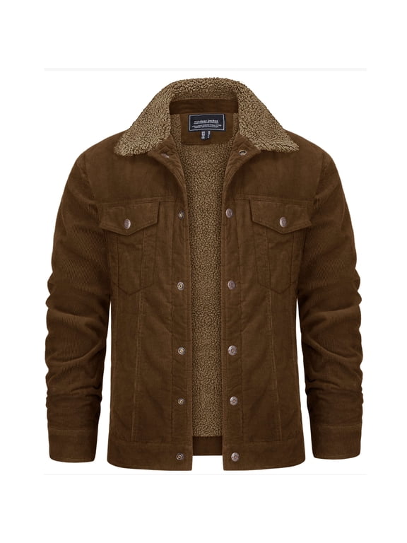 Men's Winter Thick Corduroy Jacket Warm Sherpa Lined Trucker Casual Cargo Work Fleece Coat with 5 Pockets Brown XL