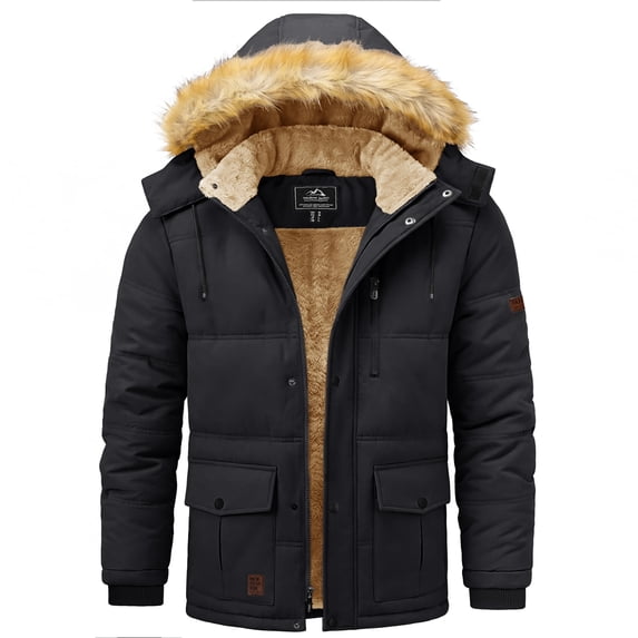 YUCOLEN Men's Winter Warm Fleece Lined Jacket Water Repellent Windproof Thicken Parka Coat with Hood Black XL
