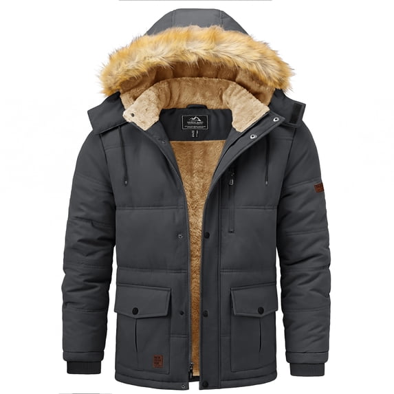 YUCOLEN Men's Winter Warm Fleece Lined Jacket Water Repellent Windproof Thicken Parka Coat with Hood Dark Gray L