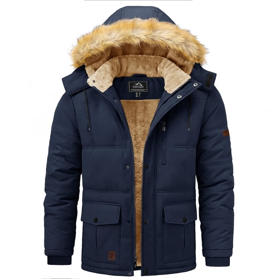 YUCOLEN Men's Winter Warm Fleece Lined Jacket Water Repellent Windproof Thicken Parka Coat with Hood Navy XL