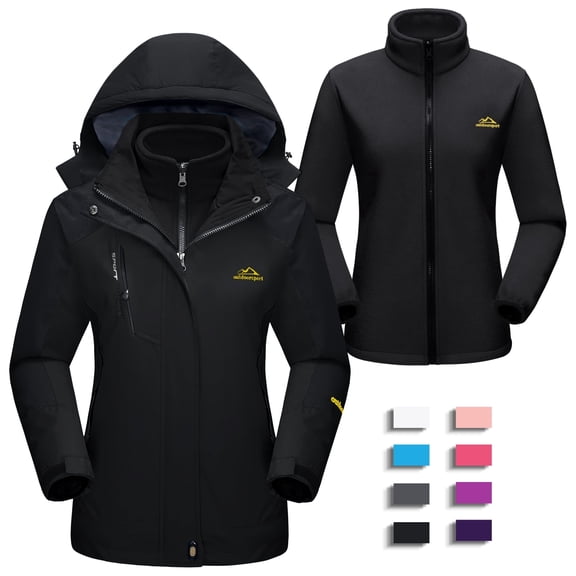 YUCOLEN Women's 3-in-1 Snow Ski Jacket Waterproof Windproof Fleece Lined Winter Rain Coats with Hood 4 Pockets Black L
