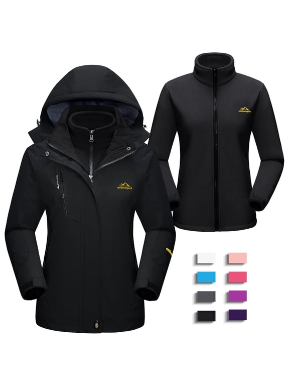 Women's 3-in-1 Snow Ski Jacket Waterproof Windproof Fleece Lined Winter Rain Coats with Hood 4 Pockets Black L