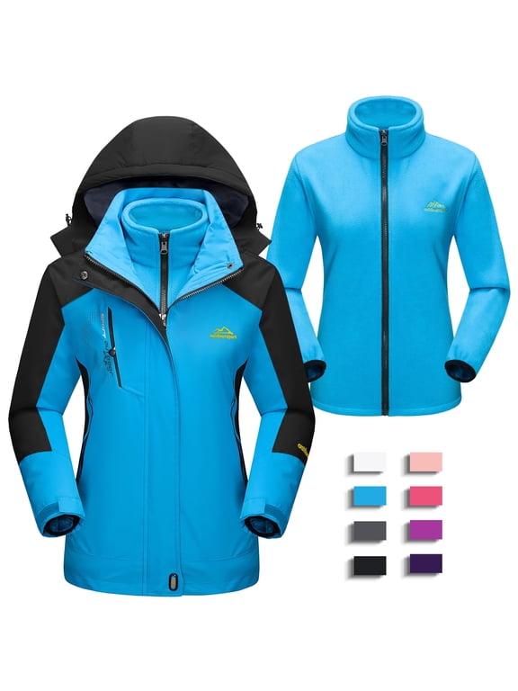 Women's 3-in-1 Snow Ski Jacket Waterproof Windproof Fleece Lined Winter Rain Coats with Hood 4 Pockets Blue M