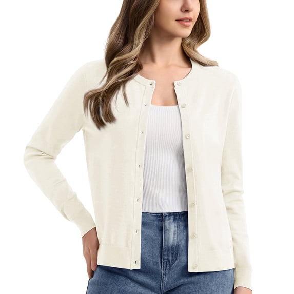YUCOLEN Women's Cardigans Sweater Lightweight Button Down Crew Neck Long Sleeve Soft Knit Casual Cardigan White L