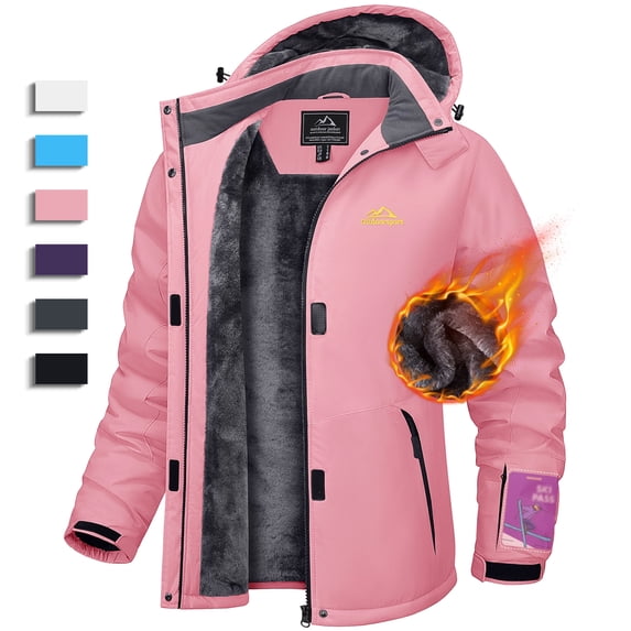 YUCOLEN Women's High-performance Snow Ski Jacket Fleece Lined Warm Waterproof Windbreaker Insulated Winter Coats with Hood Pink L