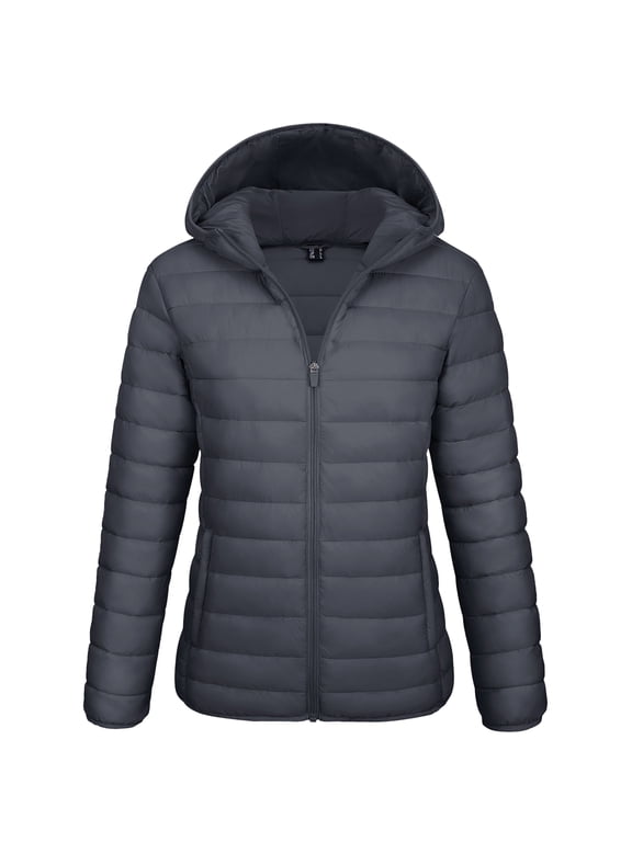 Women's Lightweight Puffer Jacket with Hood Pockets Quilted Padded Full-zip Water-Resistant Windproof Transitional Winter Coat Dark Gray L