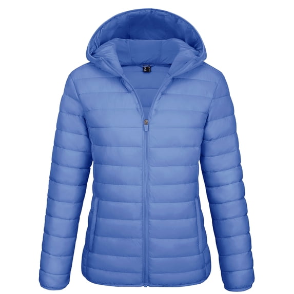 YUCOLEN Women's Lightweight Puffer Jacket with Hood Pockets Quilted Padded Full-zip Water-Resistant Windproof Transitional Winter Coat Light Blue M