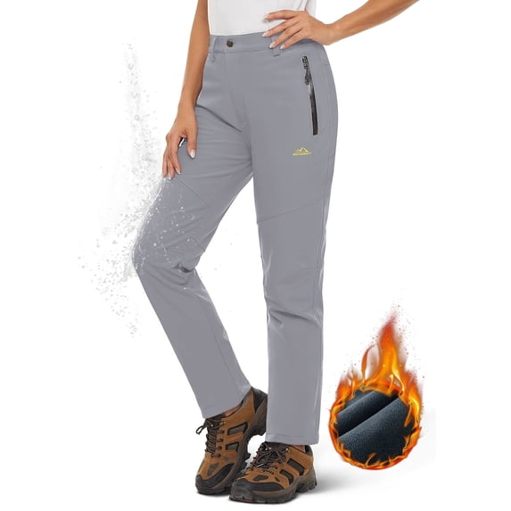YUCOLEN Women's Waterproof Fleece Lined Snow Ski Pants Winter Warm Softshell Insulated Outdoor Hiking Pants Light Gray L