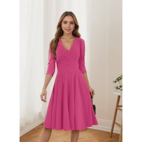YUCU Women Solid Casual Mid-length Dress With Three-quarter Sleeves