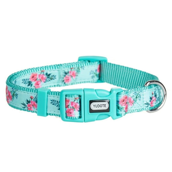 YUDOTE Adjustable Mint Green Nylon Dog Collar Small with Floral Patterned Ribbon for Puppies Active Female Dogs Neck 25-38cm