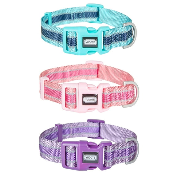 YUDOTE Reflective Dog Collars Medium with Soft Two-Tone Webbing,Pink,Blue,Purple 3 Packs