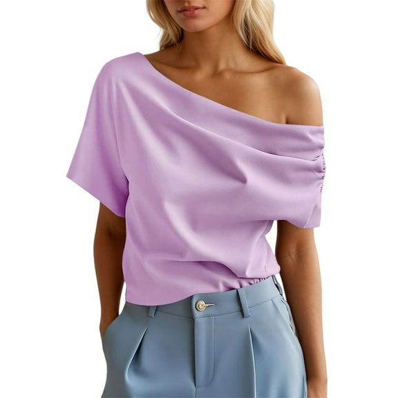 YUDTA Off The Shoulder Tops for Women Short Sleeve Asymmetrical Neck Trendy Summer T Shirts Sexy Cute Going Out Pullover Tops Solid Casual Blouse