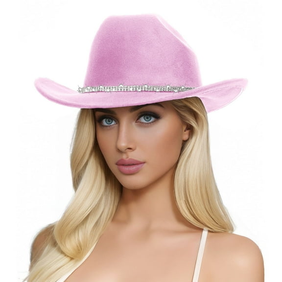 YUDTA Women Sparkly Rhinestone Cowgirl Hat - Unisex Wide Brim Felt Fedora Bling Hats with Diamonds Band Classic Roll Up Cowboy Hat for Party