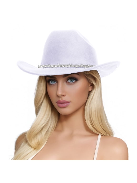 Women Sparkly Rhinestone Cowgirl Hat - Unisex Wide Brim Felt Fedora Bling Hats with Diamonds Band Classic Roll Up Cowboy Hat for Party