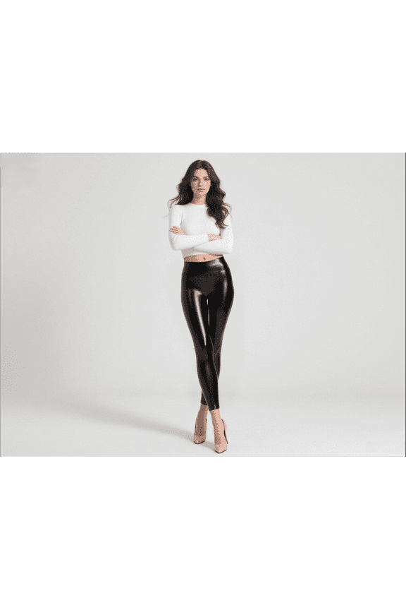 Women's Stretch High Waist Pleather Leggings Tummy Control Faux Leather Pants with Thin Fleece Lined