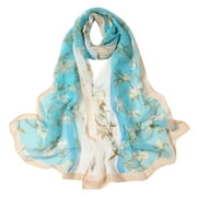 YUEHAO 160*50Cm Women Flower Print Long Soft Wrap Scarf Silk Shawl Scarves Light Blue