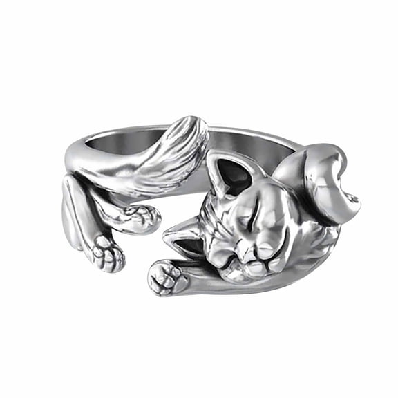 YUEHAO Accessories Rings Exquisite Copper Plated Silver Cat Ring, Fashion Ladies Jewelry Ring Size 5-11 Silver 7