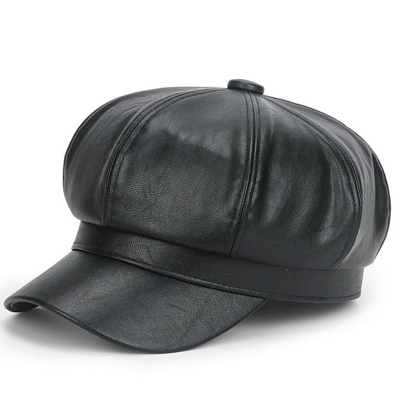 YUEHAO Berets Women's Beret Leather Solid Color Versatile Painter Hat Spring Octagonal Hat Black
