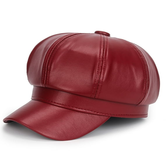 YUEHAO Berets Women's Beret Leather Solid Color Versatile Painter Hat Spring Octagonal Hat Red