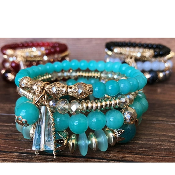 YUEHAO Bracelets Women Bohemian hand string ocean style multi circle Pearl Bracelet Green
