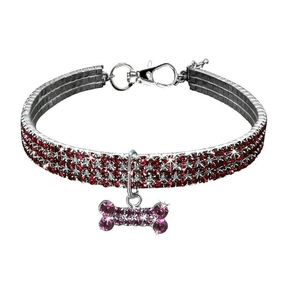YUEHAO Cute Mini Pet Dog Bling Rhinestone Chocker Collars Fancy Dog Necklace Pet 3 Row Rhinestone Pink