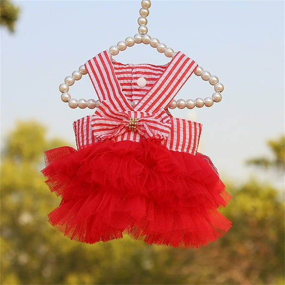 YUEHAO Dog Skirts for Small Dogs Girl Dog Clothing Cat Clothing Pet Supplies Striped Suspender Mesh Skirt Dress Pet Dog Clothes (Red, L)