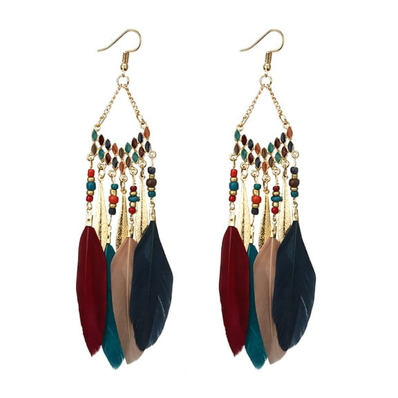 YUEHAO Earrings Women Fringed Beads Long Feather Earrings With Matching Earrings