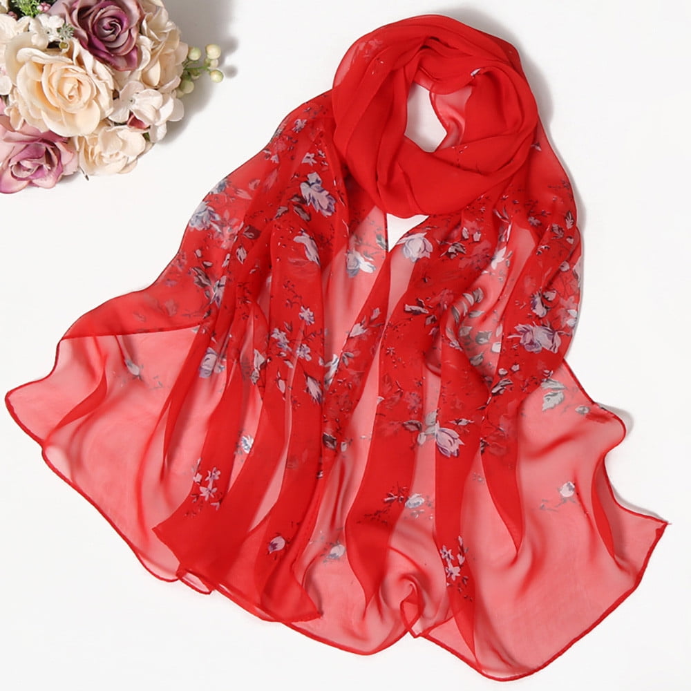 Yuehao Fashion Women Roses Printing Long Soft Wrap Scarf Silk Shawl Scarves Red 9531