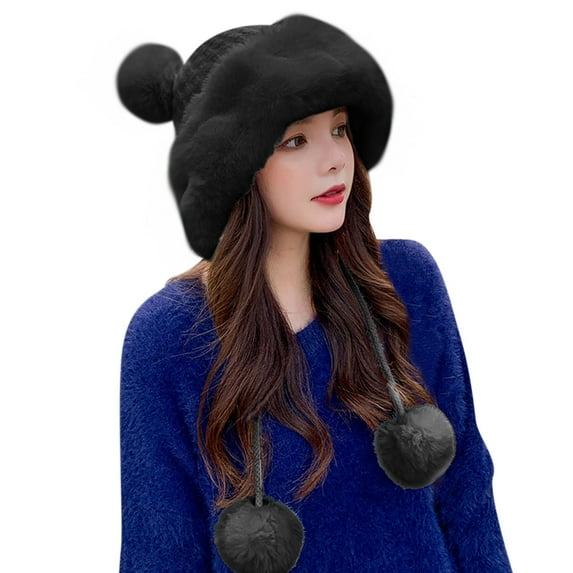 YUEHAO Hats Winter Pompom Hats For Women Knit Womens Crochet Hat Warm Bucket Outdoor Ear Cover Hat Black