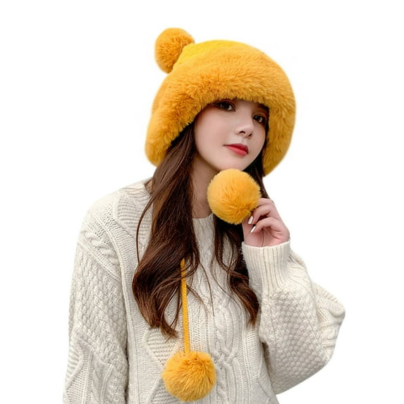 YUEHAO Hats Winter Pompom Hats For Women Knit Womens Crochet Hat Warm Bucket Outdoor Ear Cover Hat Yellow