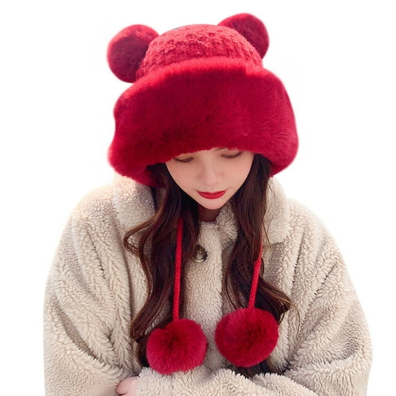 YUEHAO Hats Winter Pompom Hats for Women Knit Womens Crochet Hat Warm Bucket Outdoor Ear Cover Hat Red