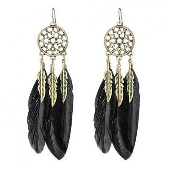 YUEHAO Necklaces & Pendants Bohemia Feather Long Design Dream Catcher Earrings for Women Jewelry Black