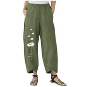 YUEHAO Pants For Women Fashion Women Loose Daisy Print Cotton Linen Elastic Waist Casual Wide Leg Pants (Army Green)