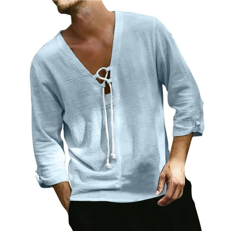 YUEHAO T Shirts For Men Men Summer Casual Beach Style Loose V Neck  Drawstring Three Quarter Sleeve Pullover Top Mens T Shirt 
