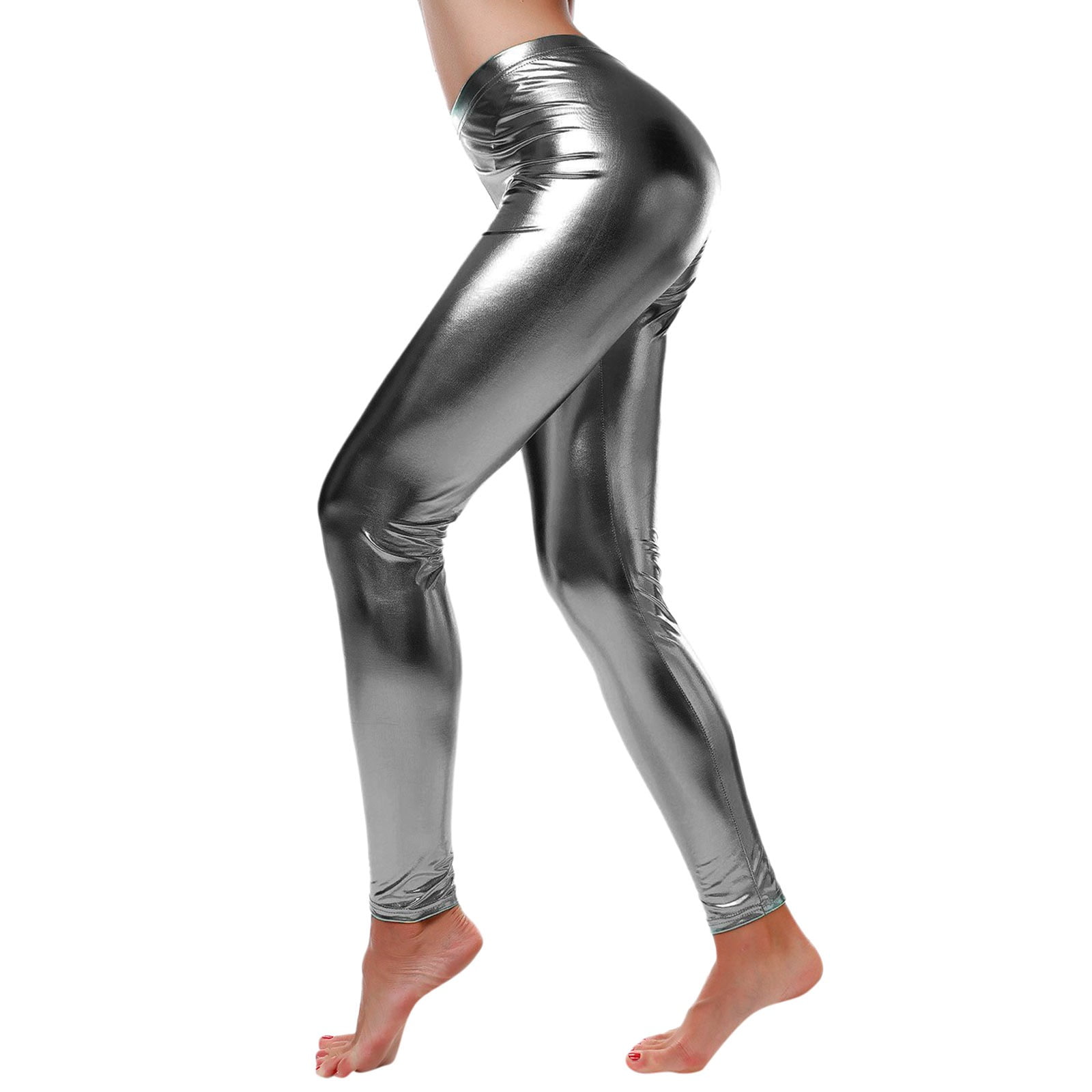 YUEHAO Yoga Pants Women Leather Leggings Wet Look Metallic Waist