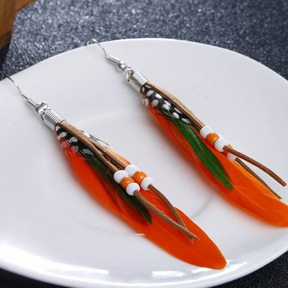 YUEHAO accessories Earrings Bohemian Style Bead Tassel Feather Earrings Fashion Feather Chain Dangle Earring Orange