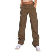 YUEHAO jeans for women Women Cargo Pants Loose Low Waist Trousers Wide Leg Baggy Jeans With Pockets Streetwear Punk womens jeans Brown