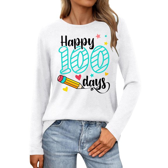 YUEHUA 100 Days of School Shirt for Women Teacher Graphic Long Sleeve Tshirt School Days Tee Tops