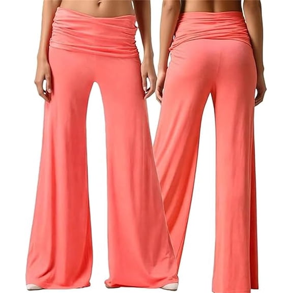 YUEHUA 2026 Coral Fold Over Yoga Pants, On-Trend Solid Wide Leg Loose Fit Lounge Pants with Ruched Waist Y2k Solid Color Stretchy Loose Gym Lounge Leggings