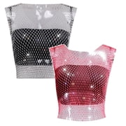 YUEHUA 2PCS Women Mesh Rhinestone Top Sheer See Through Crop Top Sparkly White Crystal Bikini Cover Up Cropped Tops