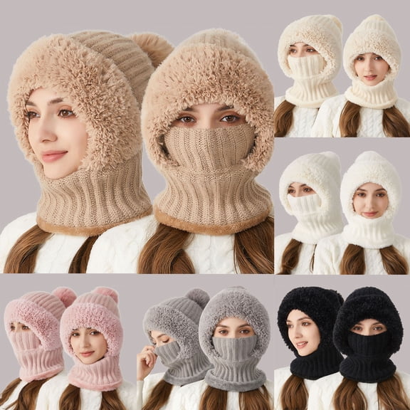 YUEHUA 3 in 1 Beanie Hat with Scarf and Mask, Women Fleece Lined Beanie Hat Scarf Mask Set, Autumn and Winter Knitted Hat for Women